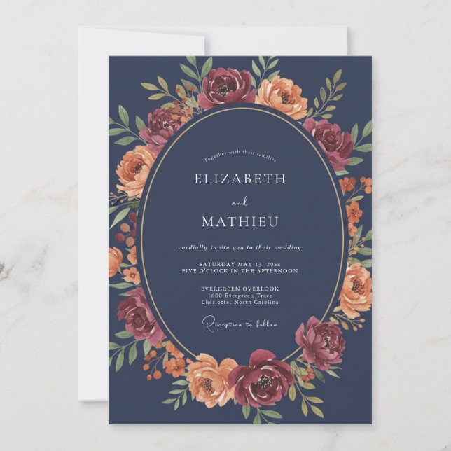 Invitación Boda Romance Flor de Rosa Naval (Anverso)