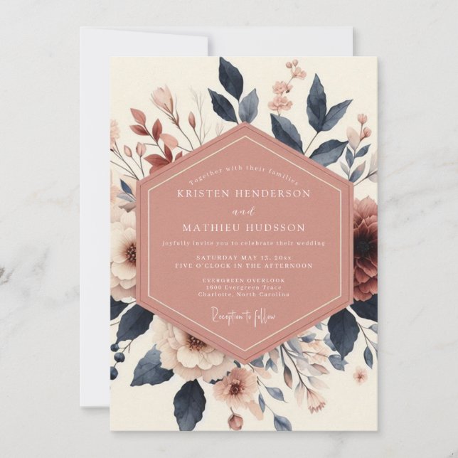 Invitación Boda Romance Flor de Rosa Polvorienta (Anverso)