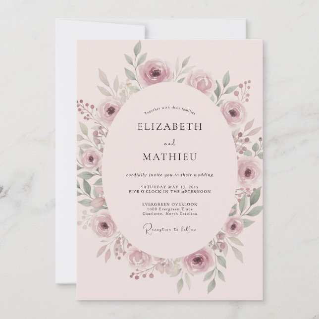 Invitación Boda Romance Flor de Rosa Polvorienta (Anverso)