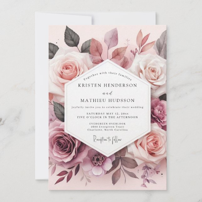 Invitación Boda Romance Flor de Rosa Polvorienta (Anverso)