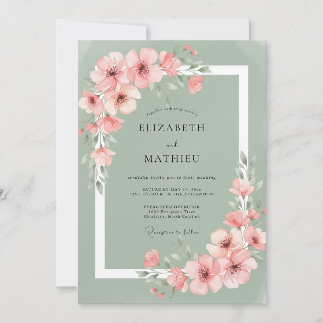 Invitación Boda Romance Flor de Rosa Salvia (Anverso)