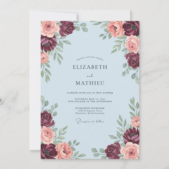 Invitación Boda Romance Flor de Rosa Tinte de Borgoña (Anverso)