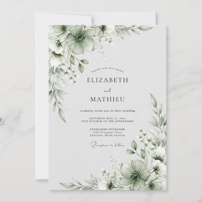Invitación Boda Romance Flor de Salvia Verde (Anverso)