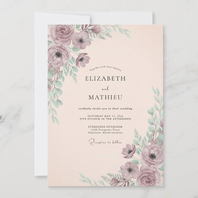 Invitación Boda Romance Flor Gentil Malva (Anverso)