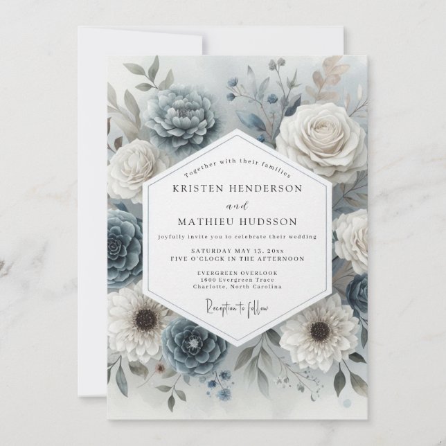 Invitación Boda Romance Flor Slate Azul (Anverso)