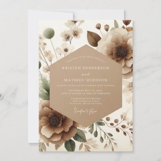 Invitación Boda Romance Flor Taupe (Anverso)