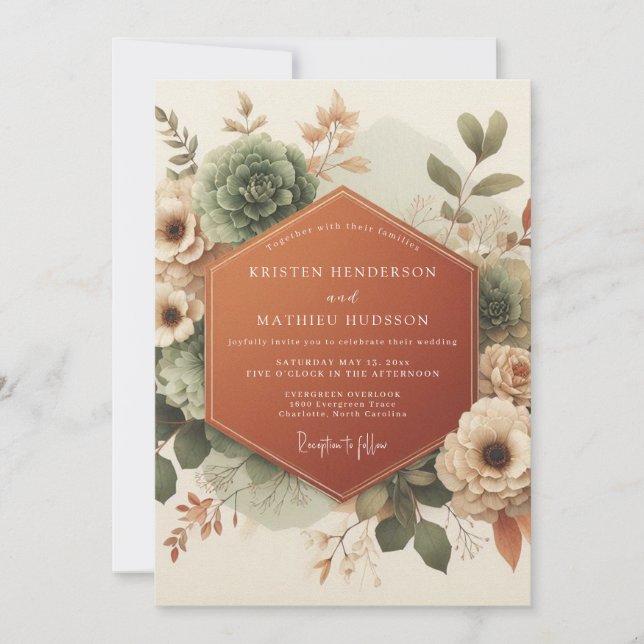 Invitación Boda Romance Flor Terracota (Anverso)