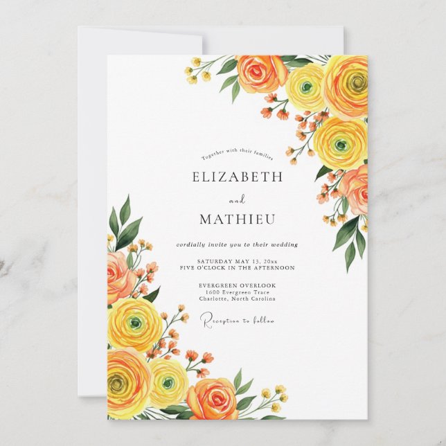 Invitación Boda Romance Floración Amarillo Naranja (Anverso)