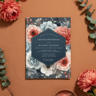 Invitación Boda Romance Floral Azul Coral