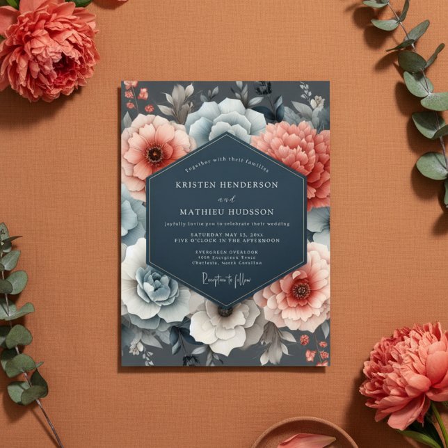 Invitación Boda Romance Floral Azul Coral (Subido por el creador)