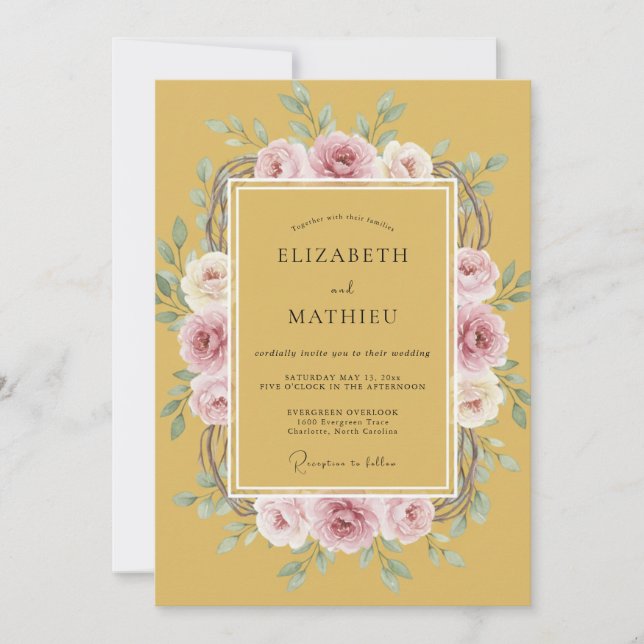 Invitación Boda Romance Floral Beige Ocre (Anverso)