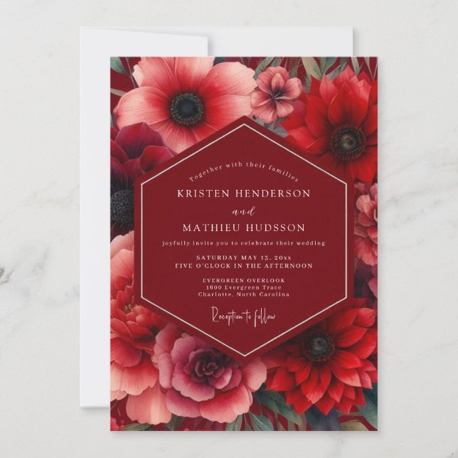 Invitación Boda Romance Floral Carmesí (Anverso)