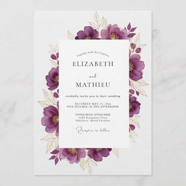 Invitación Boda Romance Floral Ciruela (Anverso)
