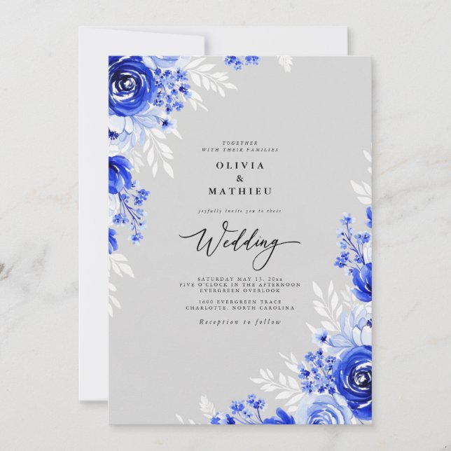 Invitación Boda Romance Floral Cobalto (Anverso)