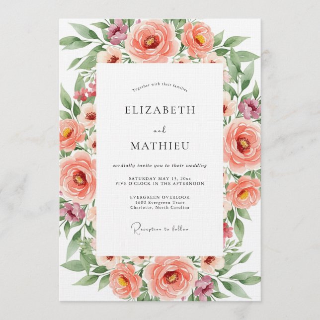 Invitación Boda Romance Floral Coral (Anverso)