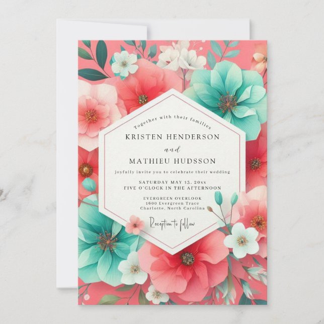 Invitación Boda Romance Floral Coral (Anverso)
