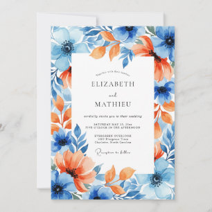 Invitación Boda Romance Floral Coral Azul