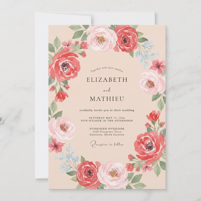 Invitación Boda Romance Floral Coral Vivid (Anverso)