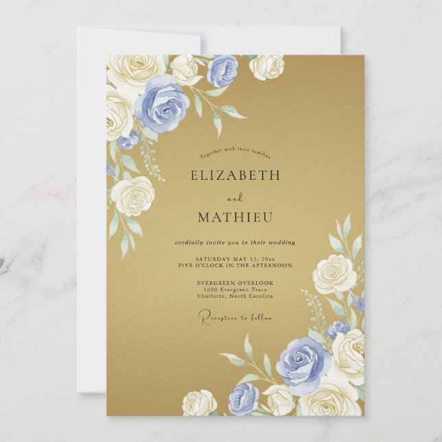 Invitación Boda Romance Floral Crema Azul (Anverso)
