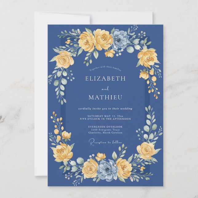 Invitación Boda Romance Floral Dorada de la Marina (Anverso)