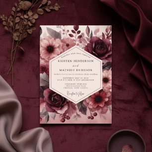 Invitación Boda Romance Floral Lujosa Borgoña