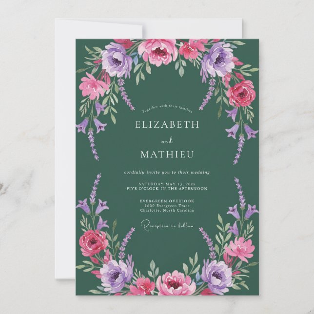 Invitación Boda Romance Floral Lujuriosa Esmeralda (Anverso)