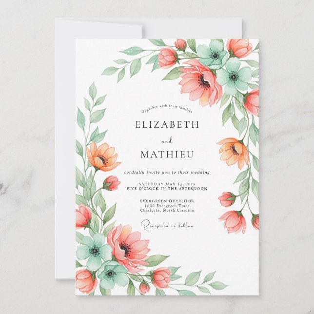 Invitación Boda Romance Floral Menta Coral (Anverso)