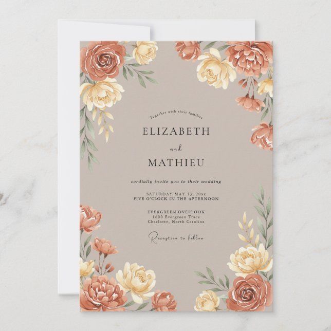 Invitación Boda Romance Floral Ócre (Anverso)