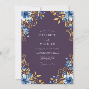 Invitación Boda Romance Floral Oro Azul