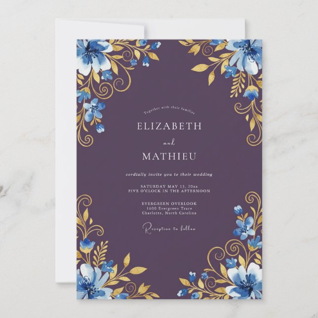 Invitación Boda Romance Floral Oro Azul (Anverso)