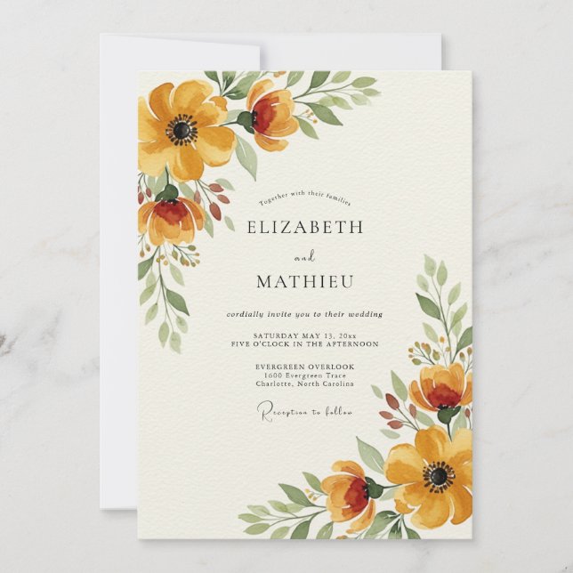 Invitación Boda Romance Floral Otoñal Dorado (Anverso)