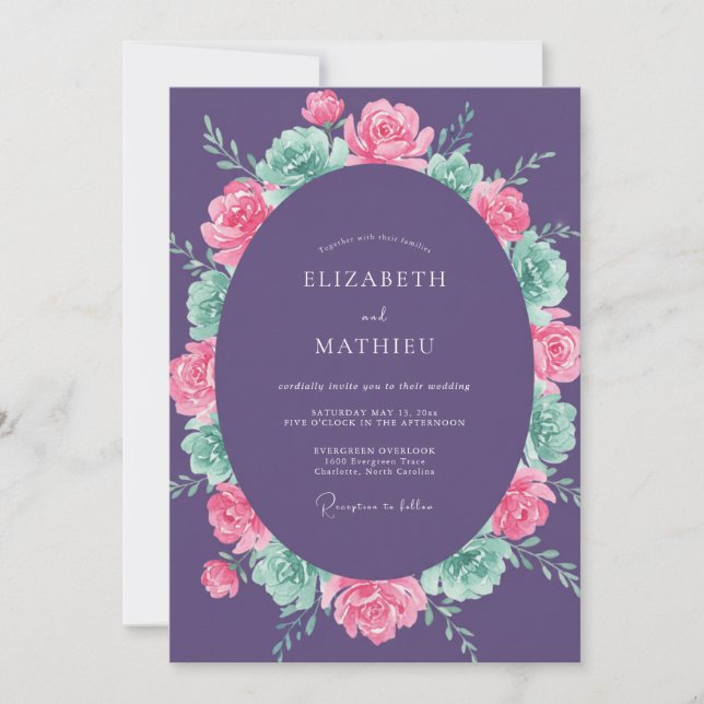 Invitación Boda Romance Floral Púrpura (Anverso)