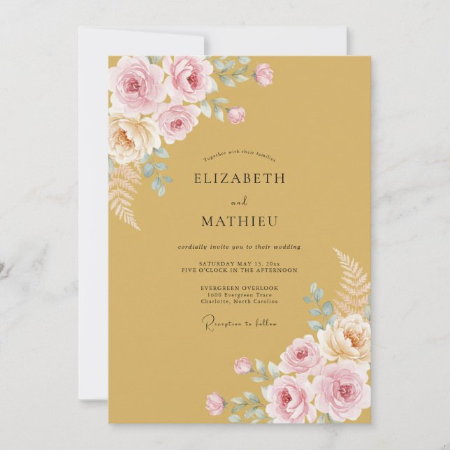Invitación Boda Romance Floral Rubor Dorado (Anverso)