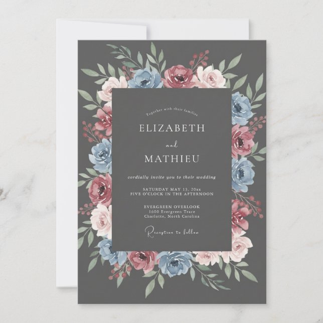 Invitación Boda Romance Floral Rubor Índigo (Anverso)