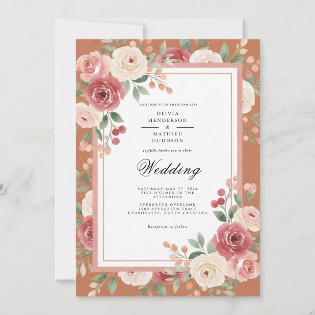 Invitación Boda Romance Florido de Terracota (Anverso)