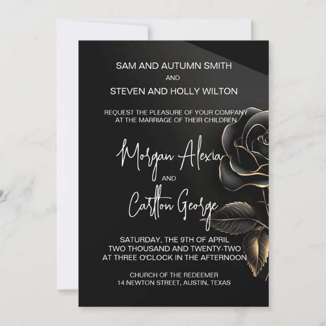 Invitación Boda Romance Oro y Rosa Negra (Anverso)