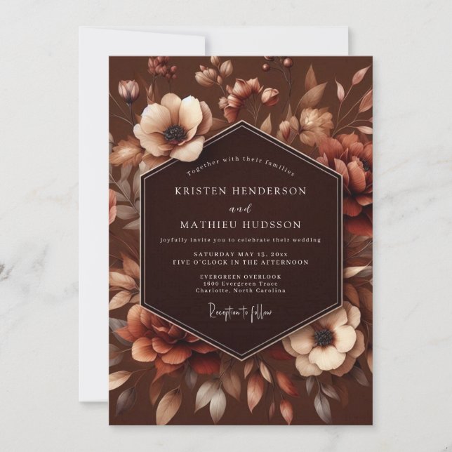 Invitación Boda Romance Otoño Flor Brown (Anverso)