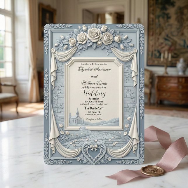 Invitación Boda Romance Rosa Blanca y Azul Polvoriento Crema (Subido por el creador)