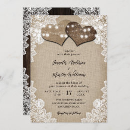 Invitación Boda Romantic Burlap and Lace String Lights