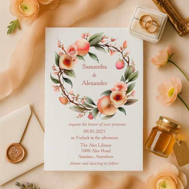 Invitación Boda Romantic Peach Blossom Wreath (Subido por el creador)