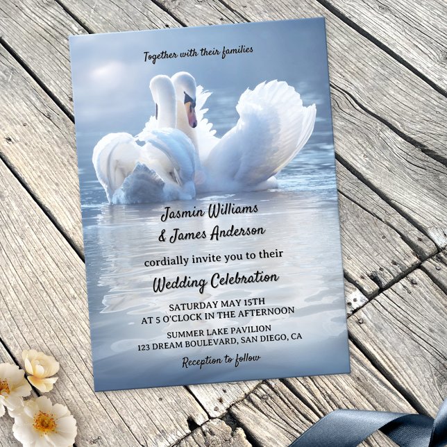 Invitación Boda Romantic Swan Lake (Romantic wedding invitation featuring two swans in love on a sunlit lake or pond)