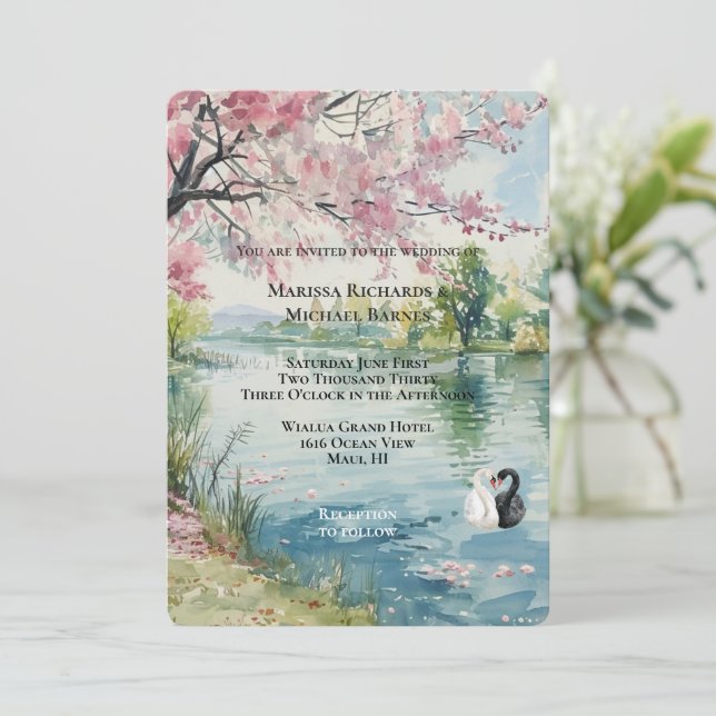 Invitación Boda Romantic Swans Lake (Anverso de pie)