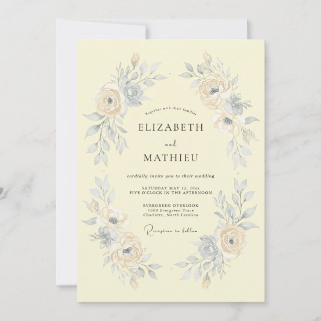 Invitación Boda Romántica Acuarela Amarillo Pálido (Anverso)