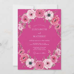 Invitación Boda Romántica Acuarela en Fuchsia Negrita
