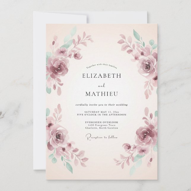 Invitación Boda Romántica Acuarela en Malva (Anverso)