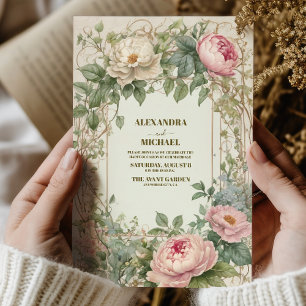 Invitación Boda Romántica Art Nouveau de Peonía Rosa