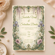 Boda romántica Art Nouveau en jardín de glicinias