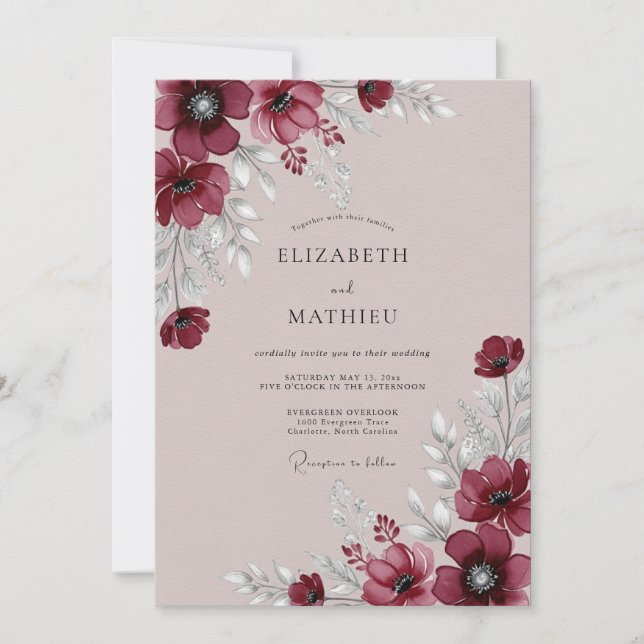 Invitación Boda Romántica Atractiva de Borgoña (Anverso)