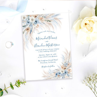 Invitación Boda Romántica Azul Caligrafía Floral Boho
