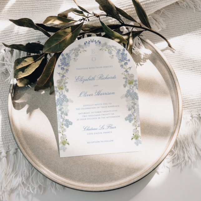 Invitación Boda Romántica Azul Floral Monograma Todo en Uno (Subido por el creador)